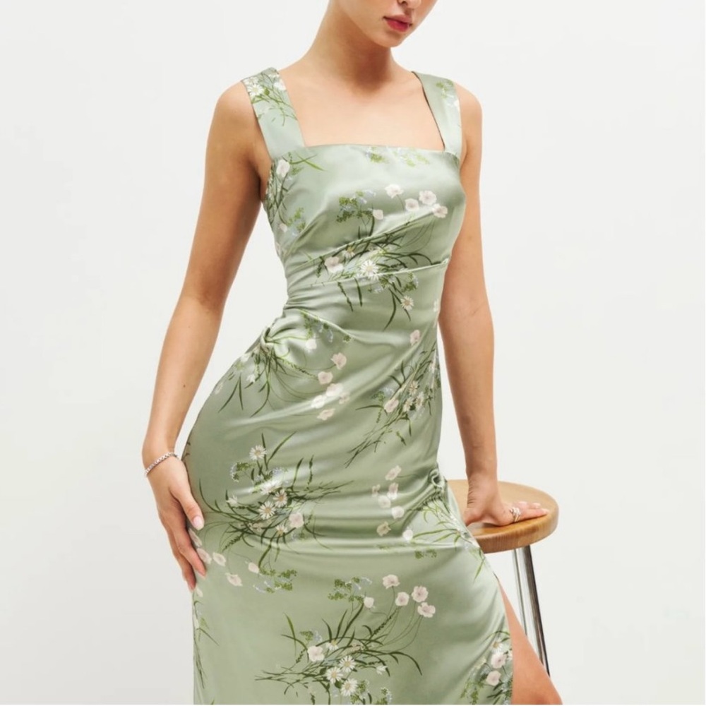 Reformation Green Ruched Sheath Midi Dress